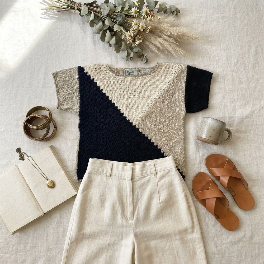 VTG 80 Herald House Knit Sweater Top M Linen Cotton Blend Colorblock Black Beige